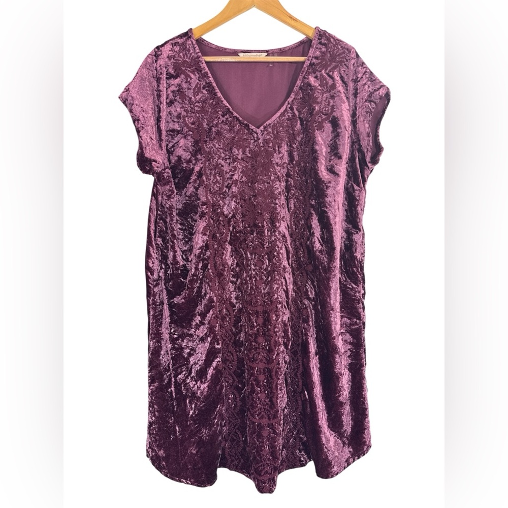 Soft Surroundings Crushed Velvet Embroidered Boho Shift Dress XL Burgundy